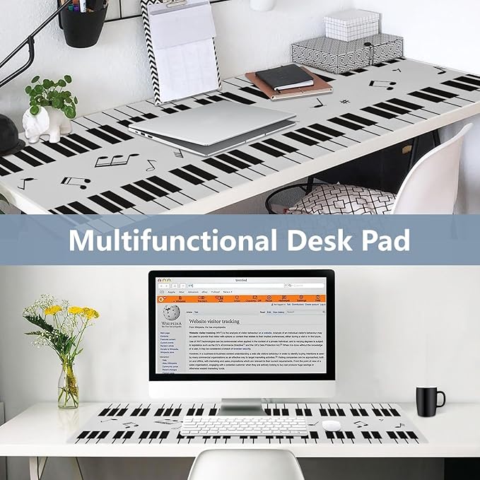 Mouse Pad Desk Mat Leather Desk Pad Large Gaming Desk Cover Protector Mat for Keyboard Computer Laptop Office Waterproof 47.2 x 23.6 Inch Piano with Music Notes
