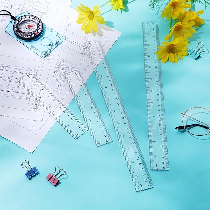 EBOOT 2 Pieces Plastic Ruler Straight Ruler Plastic Measuring Tool 12 Inches and 6 Inches (Clear)