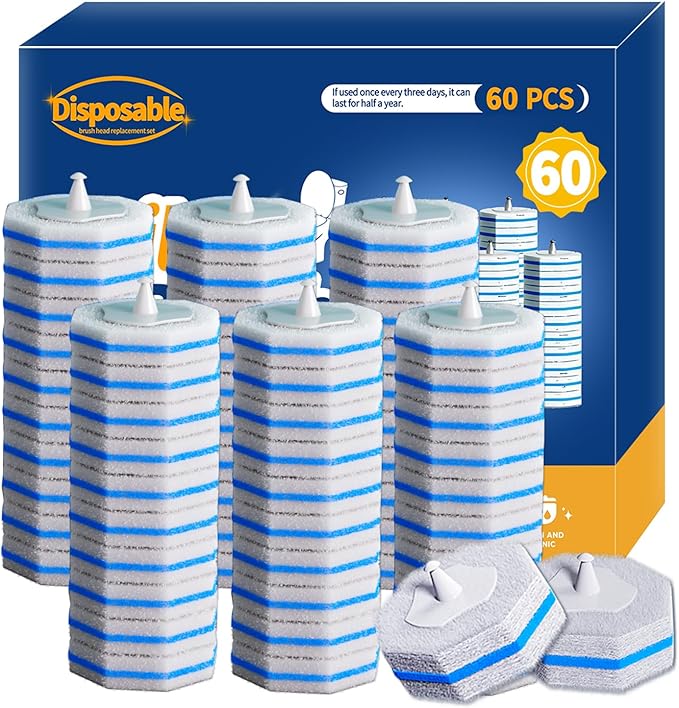60pcs Disposable Toilet Brush Refill Pads, Replacement Brush Heads, Toilet Cleaner Refills，Disposable Wand Heads，Bathroom Cleaning，Toilet Cleaning Scrubbers Compatible with Most Toilet Brushes
