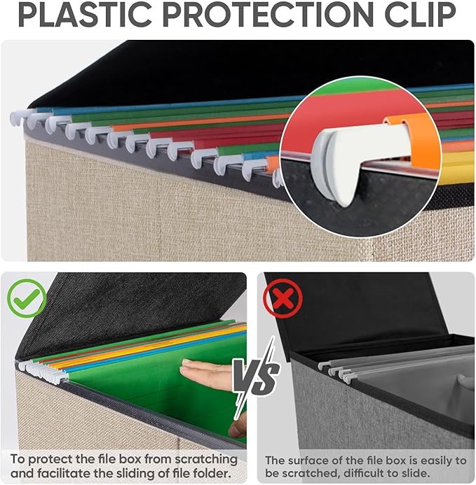 BALEINE File Organizer Box with Lid, Collapsible File Folder Organizer with Plastic Slide, Hanging File Folder Box for Office Document Storage (2 Pack, Beige)