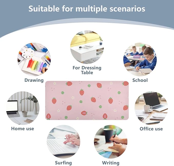 Mouse Pad Desk Mat Leather Desk Pad Large Gaming Desk Cover Protector Mat for Keyboard Computer Laptop Office Waterproof 35.4 x 16.5 Inch Cute Strawberry