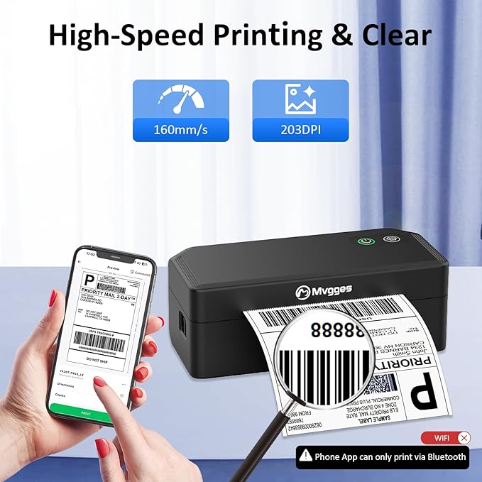 Mvgges Shipping Label Printer,Bluetooth 4x6 Thermal Label Printer for Small Business Office or Home, Compatible with Android, iOS, Windows and Mac, Widely Used for Amazon,Ebay,USPS,Etsy