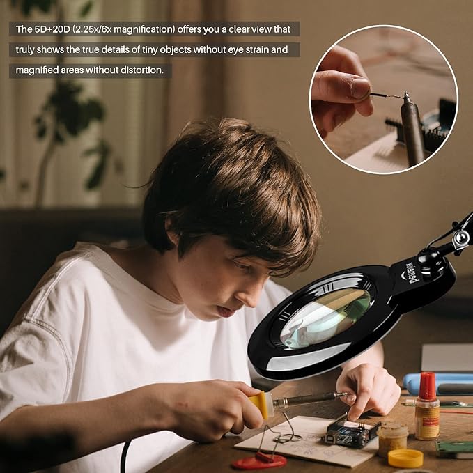 Bifocals Magnifying Desk Lamp with Clamp, 5 Diopter with 20 Diopter, 6 Inch Detachable Lens and 120PCS LEDs, 3 Color Modes 1200 Lumens Swivel Arm Magnifying Lamp with Light for Crafts (Black)