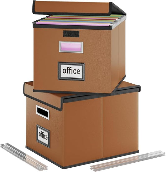 Huolewa File Organizer Boxes with Lids, Collapsible Faux Leather Hanging File Folder Box Organizer with Plastic Slide, Decorative Home/Office Filing System Boxes for File and Folders Storage