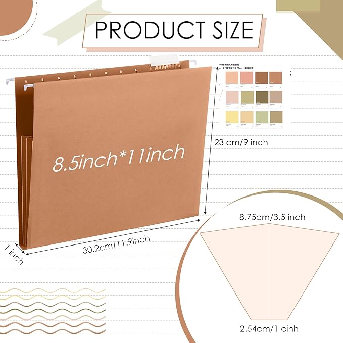 Yaomiao 24 Pack Hanging File Folders 3 Pleats Letter Size File Cabinet Folders with 1/5-Cut Adjustable Tabs Expandable Document Cabinet Colored for Home Desk Office Organization(Warm Color)