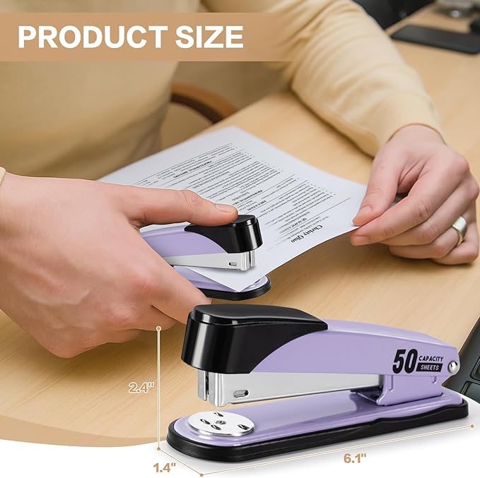 Deli Stapler Heavy Duty, Full Strip Staplers for Desk with 2000 Staples and Staple Remover, 50 Sheet Capacity, No Jam, Non-Slip Office Stapler with Staples for Office, Classroom, Purple