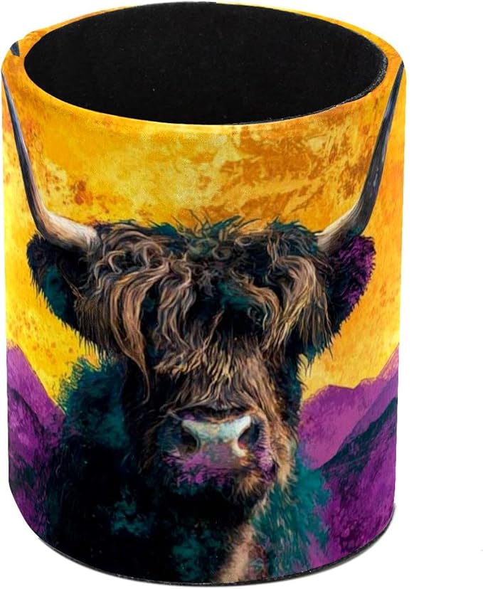 Watercolor Art Yak PVC Leather Circular Pencil Holder for Desk Organizer Stationery Holder for Office, School(3.9 x 3.1 Inches)