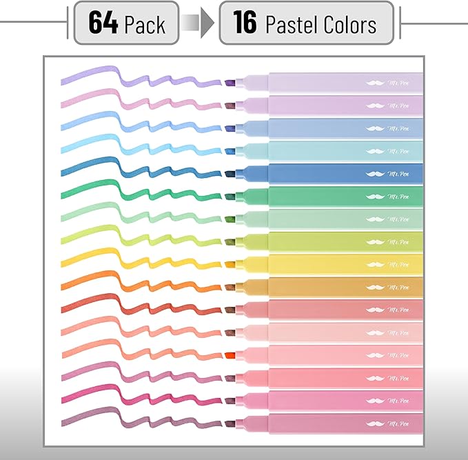 Mr. Pen- Aesthetic Highlighters, 64 Pack, Chisel Tip, Pastel Colors, Bulk Cute Highlighters Assorted Colors, Back to School Supplies