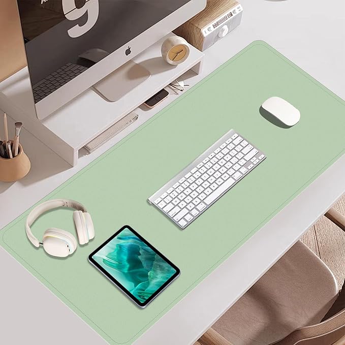 Non Slip Desk Mat, 31.5" x 15.7" PU Leather Desk Pad, Cork Desk Mat for Desktop, Desk Pad for Keyboard and Mouse, Ideal for Office and Home, Light Green