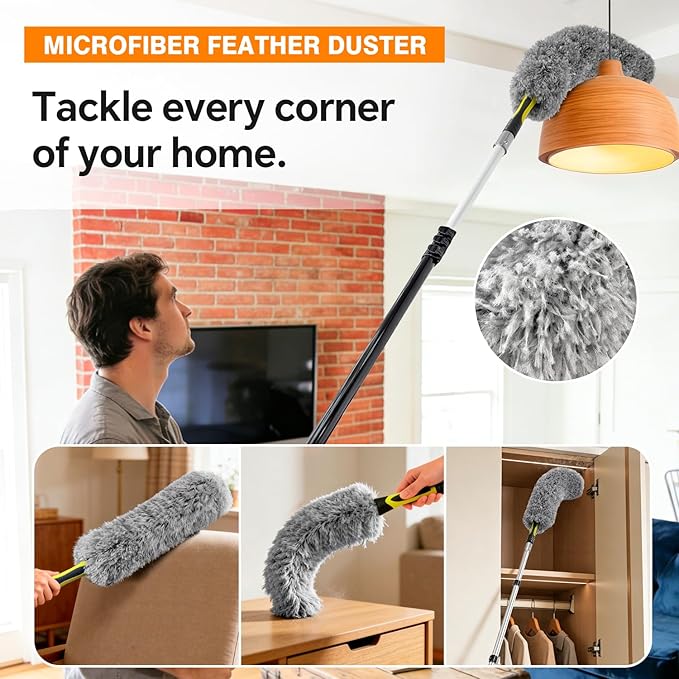 ARTIPOLY 20 Foot Telescoping Extension Pole Kit, 5-in-1 High Reach Duster with Chenille Window Squeegee Microfiber Feather Cobweb Duster for Ceiling Wall Hard-to-Reach Indoor & Outdoor Cleaning Yellow