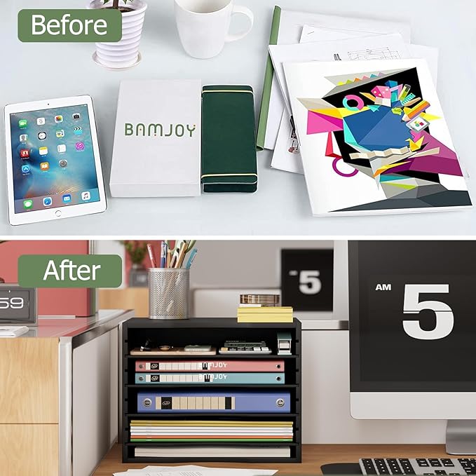 Bamjoy Wood 5 Tier Desktop Organizer, Paper Organizer Mail Sorter, File Holder Letter Document Storage with Adjustable Shelves for School Home Office, Black