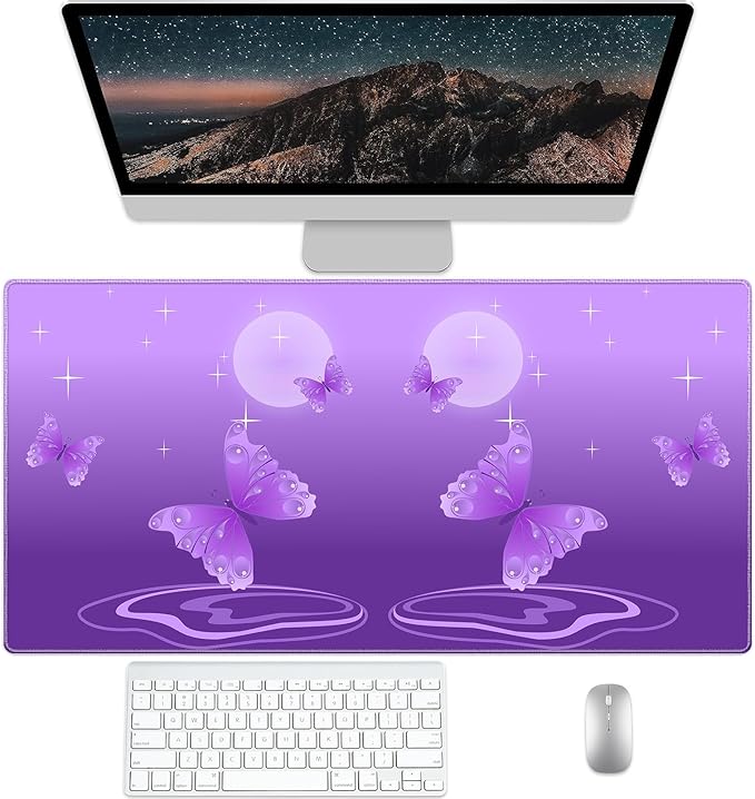 Star Moon Butterfly Desk Pad Protector, Stitched Edges Mouse Pad, Large Office Desk Mat, Non-Slip Desk Blotter, Laptop Desk Pad, Desk Writing Pad for Office and Home (31.5" x 15.7 ")