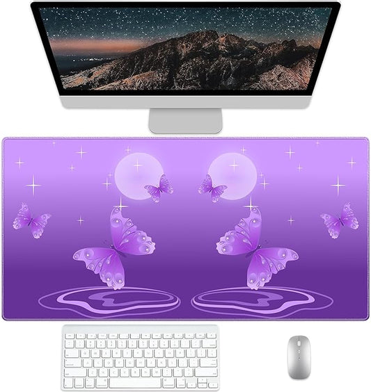 Star Moon Butterfly Desk Pad Protector, Stitched Edges Mouse Pad, Large Office Desk Mat, Non-Slip Desk Blotter, Laptop Desk Pad, Desk Writing Pad for Office and Home (31.5" x 15.7 ")