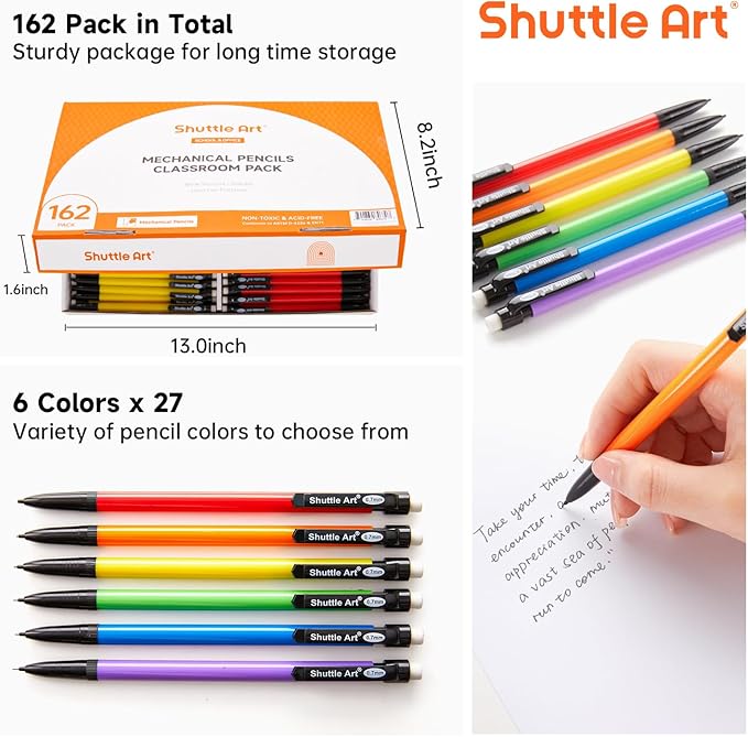 Shuttle Art Mechanical Pencils, 162 Pack Bulk Mechanical Pencils 0.7mm Medium Point, HB #2 Lead Pencils, Assorted Barrels, Office School Supplies