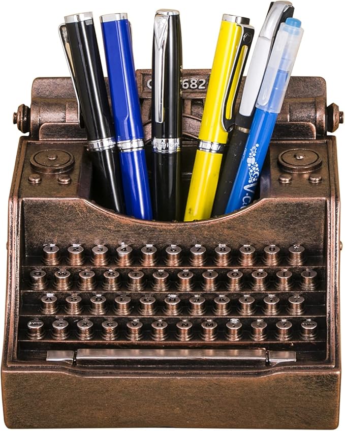 Retro Typewriter Pen Holder Vintage Desk Accssories Unique Cool Gifts for Writer Typewriter Lovers and Secretary Cute Funny Pencil Cups for Office Home School (Bronze)
