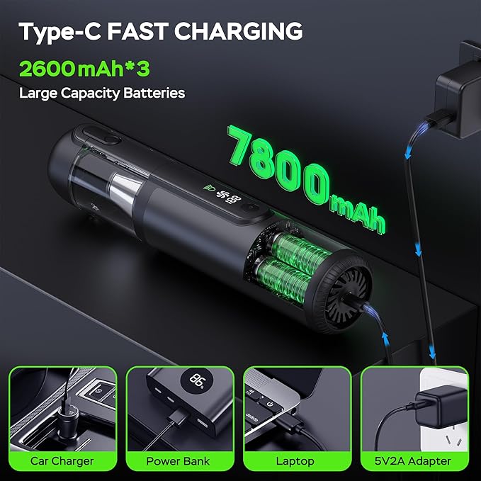Portable Car Vacuum Cordless, 18000Pa 4-in-1 Suction Power Mini Vacuum Cleaner, 120W Brushless Motor Handheld Vacuum Cordless Rechargeable, 7800mAh Battery, LED Light, Multi-Nozzle for Car, Home, Pet