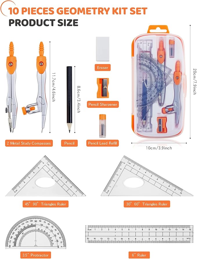 Math Geometry Kit Sets 10 Piece Student Supplies with Shatterproof Storage Box, Includes Rulers, Protractor, Compass, Eraser, Pencil Sharpener, Lead Refills, for Drafting Drawings（Orange）