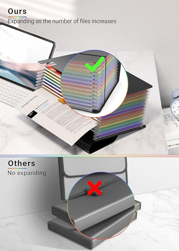 Expanding File Folder/Accordion File Organizer/Portable File Box with 13 Pockets,Fun Storage Filing Folders with Handle,Perfect for Both Standing and Carrying,A4/Letter Size,Colored Tabs,Black Matte