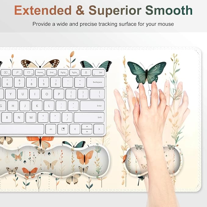 Desk Mat Gaming Mouse Pad, Cute Desk Matt Keyboard Wrist Rest for Desktop, Anti-Slip Mousepad with Stitched Edges, XXL Large Mouse Pad with Wrist Support for Desk Computer I Beige Buttefly