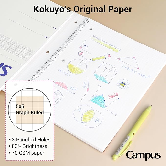 KOKUYO Spiral Notebook with 5x5 Graph Paper, 3 Pack Campus 10-1/2" x 8" Subject Notebooks, 80 Sheets, Light Pink Blue Off-White 3 Holes School Spiral Journal for Study Planner Drawing (WSG-SU-400G4×3)