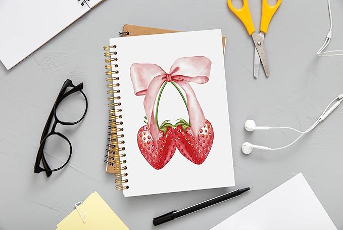 Strawberry Notebook, Coquette Pink Bow Notebook, Preppy Aesthetic Journal for Note Taking, Cute Girly Notebook, Preppy Gifts for Women, Pink Office Supplies, Spiral Notebook 5.5x8.3 Inch