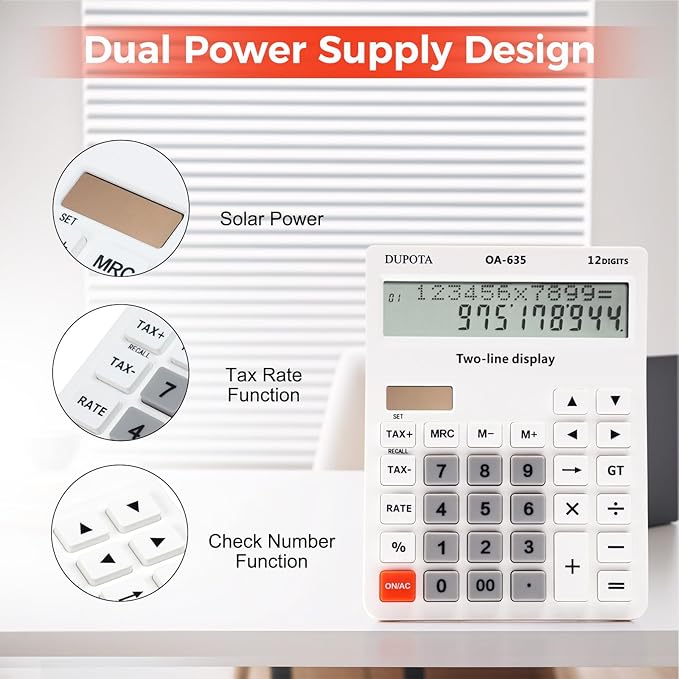 Desk Calculator Large Display Big Buttons with 12 Digits 2-line LCD, Dual Solar Power and Battery Calculators with Tax and Check Function for Office, Home, Accounting and Business Middle Size（OA-635）