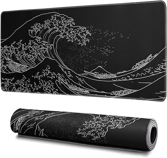 Japanese Gaming Mouse Pad Abstract Black Mouse Pad 31.5x11.8 Inch Black Sea Wave Texture Non-Slip Rubber Base Large Ocean Mousepad Stitched Edges Keyboard Mouse Mat Desk Pad for Office and Home