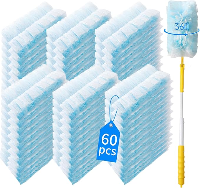 Senowi 60 Count 360° Heavy Duty Duster Refills Compatible with Swiffer,Large Size-Extra Thick Disposable Electrostatic Duster Refill with 1 Retractable Handle(35-inch Length Fully expanded)