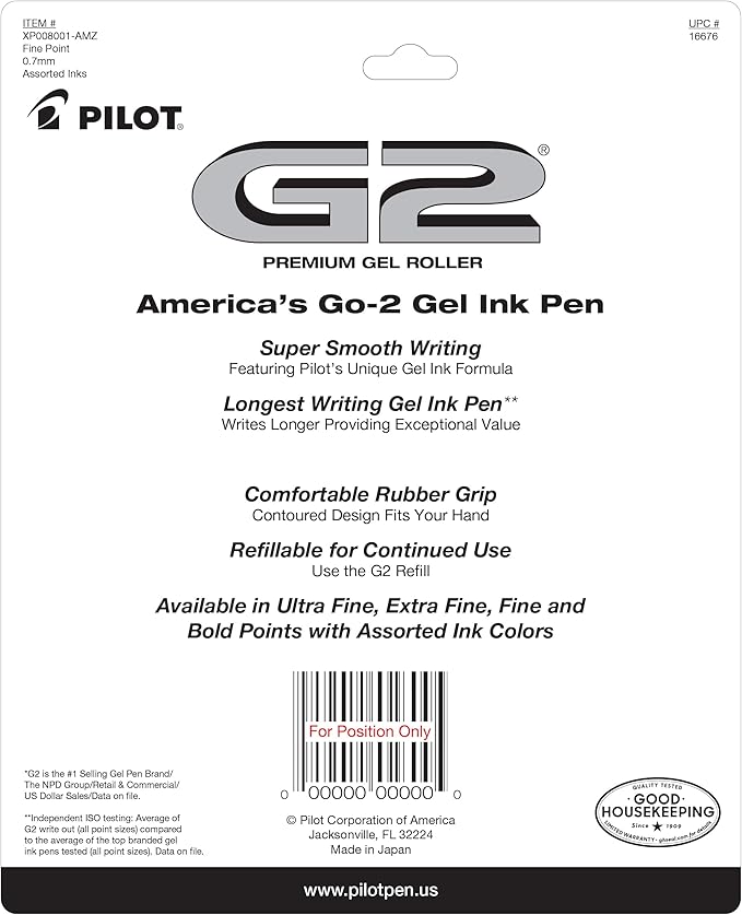 Pilot G2 Premium Gel Pens, Gel Roller Pens, Fine Point 0.7 mm Assorted Colors Pack of 8
