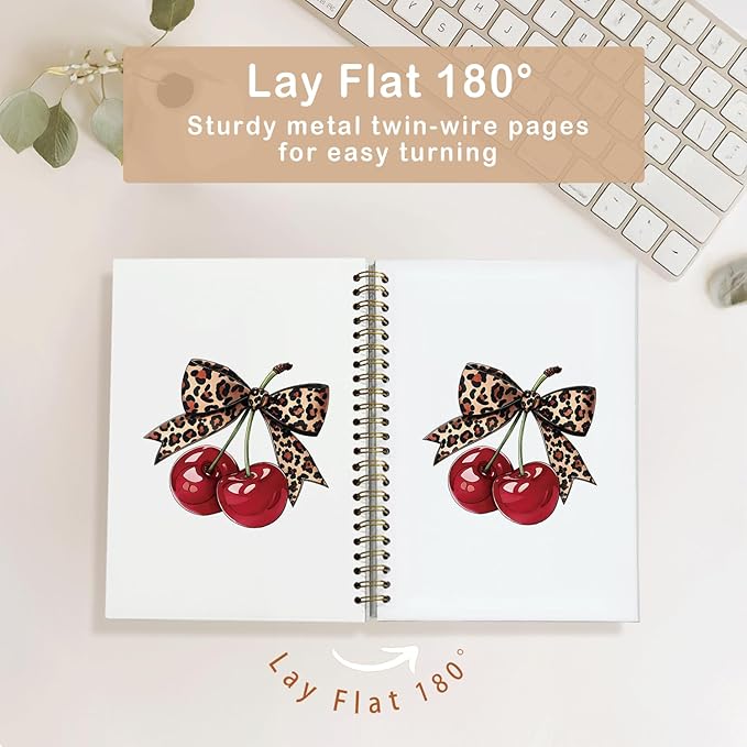 Leopard Bow Cherry Notebook Journal, Trendy Coquette Aesthetic School Supplies for Girls, Preppy Spiral Planner for Girls & Women, Cute College Ruled Notebook Gift, 5.5x8.3 Inch