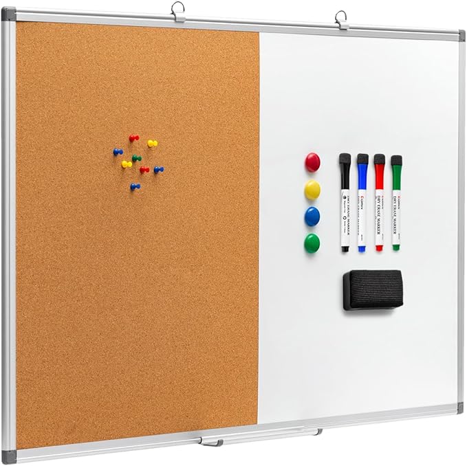 Comix Cork Board Magnetic Dry Erase Board Combo, 36 x 24 Inches Large Whiteboard and Bulletin Board Combination, Aluminum Frame Vision Board with Dry Erase Markers, Magnets, Eraser and Push Pins