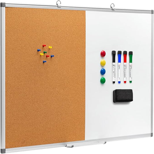 Comix Cork Board Magnetic Dry Erase Board Combo, 36 x 24 Inches Large Whiteboard and Bulletin Board Combination, Aluminum Frame Vision Board with Dry Erase Markers, Magnets, Eraser and Push Pins