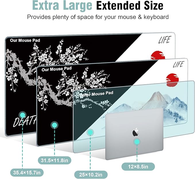 Japanese Death & Life Style Large Mouse Pad, 31.5 X 11.8 Inch Cool Design Full Desk Gaming Mouse Pad Desk Mat, Black White Cherry Blossom & Watercolor Japan Fuji Mountain Painting Mousepad