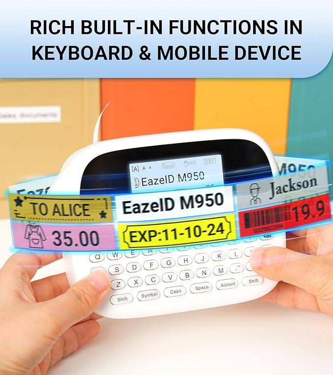 M950 Label Maker, Rechargeable Label Maker Machine with Labels-Waterproof, Bluetooth Labeler Portable, QWERTY Keyboard & Backlit LCD Screen for Home Office School