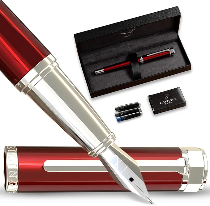 Ellington Pens Luxury Fountain Pen Set - Smooth Fine Nib- Includes 3 Ink Cartridges, Refillable Ink Converter, Gift Box- Fountain Pens For Writing, Calligraphy, Journaling, Sketching (Scarlet Slate)