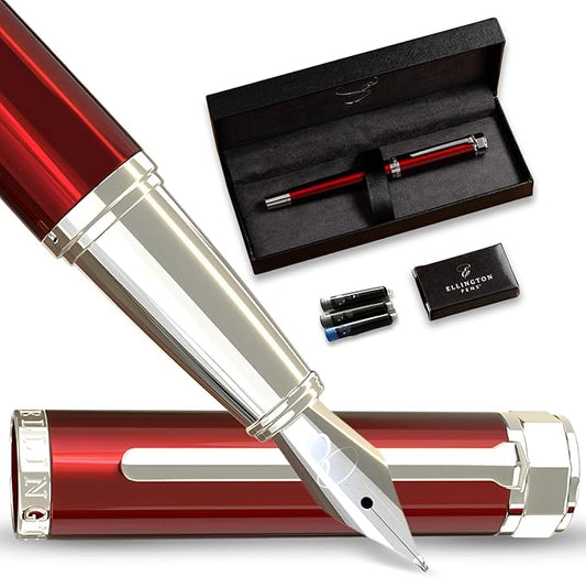 Ellington Pens Luxury Fountain Pen Set - Extra Fine Nib- Includes 3 Ink Cartridges, Refillable Ink Converter, Gift Box- Fountain Pens For Writing, Calligraphy, Journaling, Sketching (Scarlet Slate)