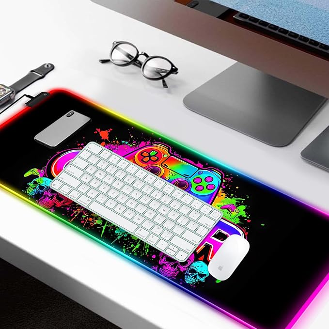 RGB Retro Black Gamer Gaming Desk Mat, Computer Keyboard Large Extended Long LED Mouse Pad for Office and Home, XL (W21)