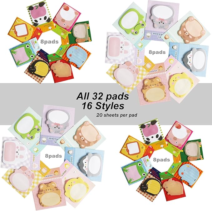 32 Pads Cute Sticky Notes, Animal Sticky Notes Self Adhesive Cartoon Notes Memo Pads Notes Page School Tab for School Office Supplies