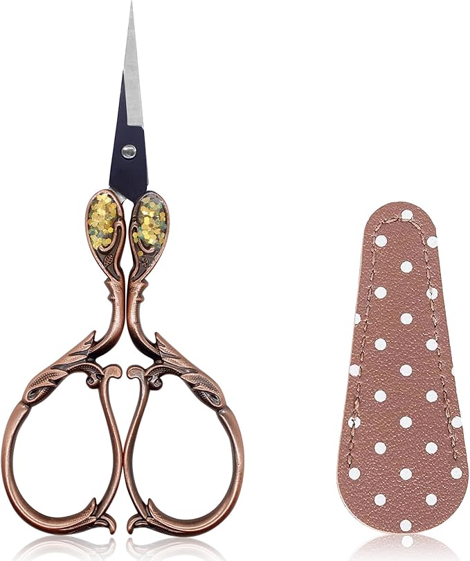 BIHRTC 4.5 Inch Small Vintage Embroidery Scissors with Artificial Leather Cover Stainless Steel Pointed Tip Shears Mini Scissors for Needlework Threading Craft DIY Tools Art Work Everyday Use
