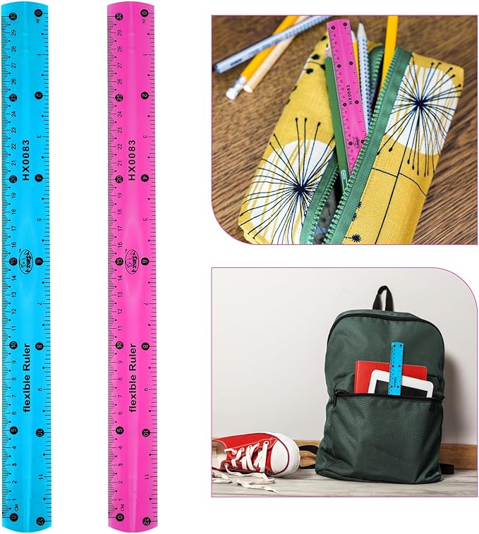 Grevosea 2 PCS Flexible Ruler Bendable Unbreakable Safe Soft Transparent Clear Shatterproof Clear Rulers Straight Flat Plastic Ruler for Home School Classroom Office Kids Adults (Purple, Blue)
