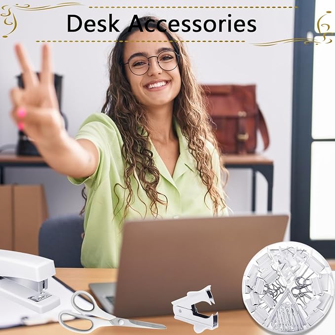 Office Supplies,Desk Accessories, Stapler and Tape Dispenser Set for Women with Stapler, Tape Dispenser, Staple Remover, Staples, Clips, Scissor and Tabs,Gift for Students, Coworkers