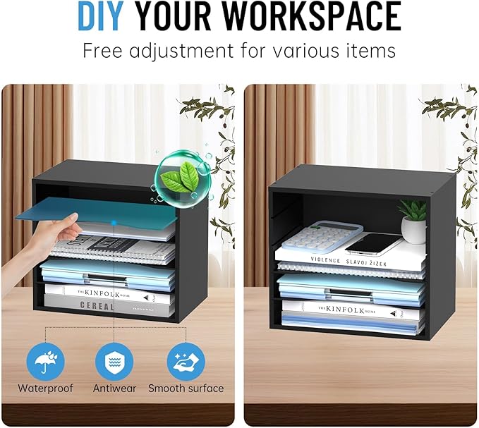 5-Tier Wood Desk Organizer, Paper Tray Organizer for Desk with Adjustable Storage Shelves, Desktop Paper Sorter Mail Holder for Office Home Classroom, Black