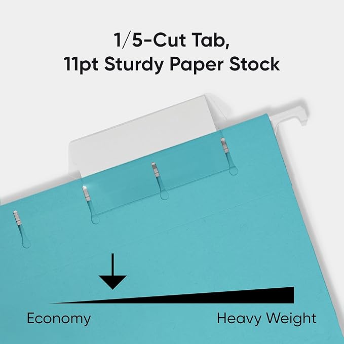 Smead Standard Hanging File Folders, 25 Count, Aqua Blue, 1/5-Cut Adjustable Tabs, Letter Size (64058)