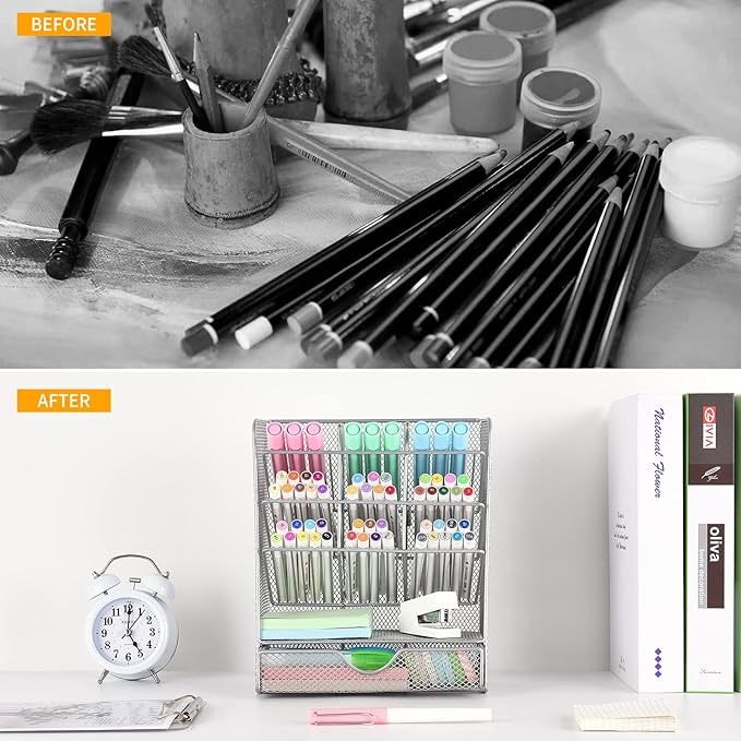 Spacrea Pen Holder Desk Organizer - Desk Organizers and Accessories, Pencil Holder with 10 Compartments and 1 Drawer (Silver)