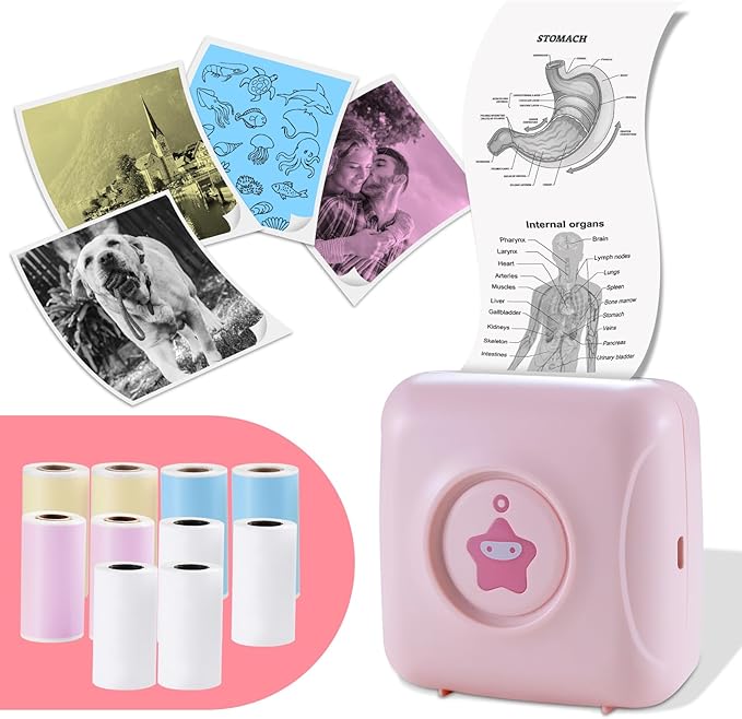 vretti Sticker Printer - TP2-Y Mini Portable Thermal Printer with 10 Rolls Thermal Paper, Inkless Sticker Maker Machine Bluetooth Mini Pocket Printer for iPhone, Study Graphics, Photos, Students