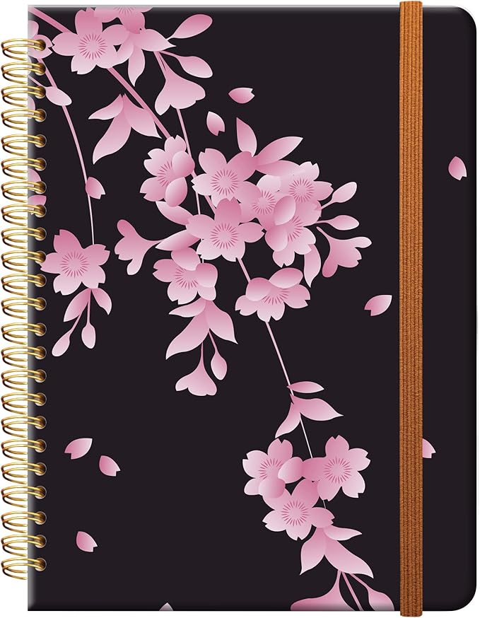 Ruled Spiral Writing Notebook,A5 Hardcover Lined College Journal for Women,Strong Twin-Wire Binding with Premium Paper,8.4" X 6",Perfect for School,Office,Home(Cherry Blossom)