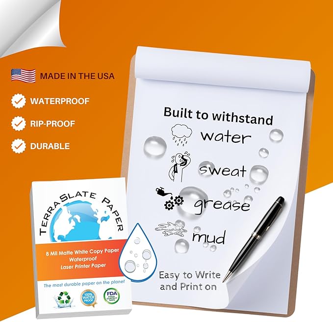 TerraSlate Weatherproof Printer Paper - 8 MIL, 8.5” x 11” (250 Sheets) | Waterproof Paper for Holiday Cards, New Year Invitations, and Winter Outdoor Use