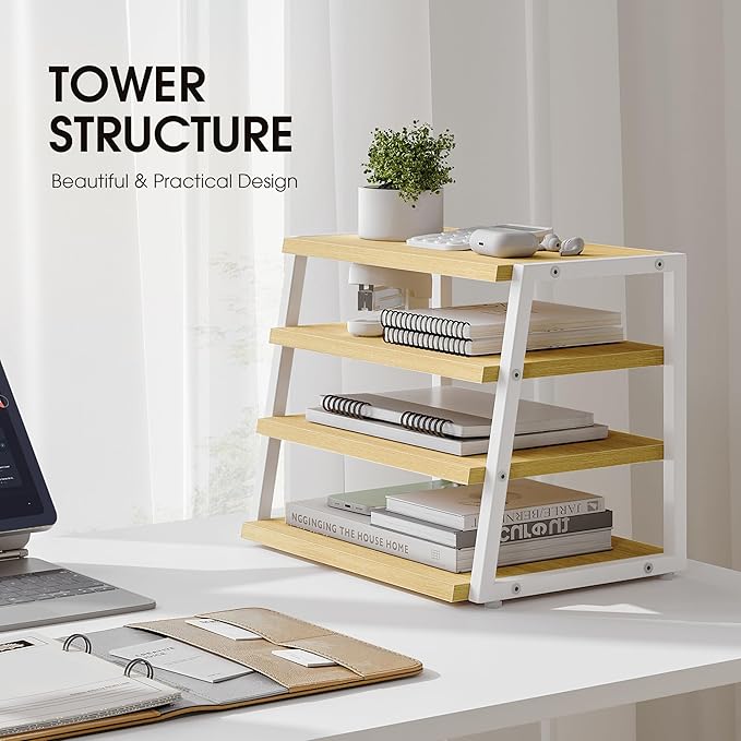 Fenge Desk Shelf Organizer, 4 Tier Desktop Shelf, Wood and Metal Office Shelves, Corner File Organizer for Office Supplies, Top of Desk Organizers and Accessories