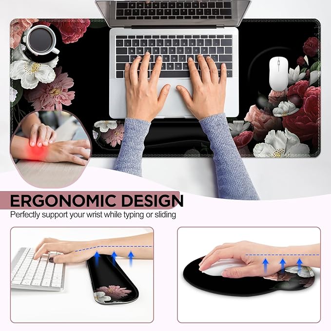 AIMSA Mouse Pad,Large Black Desk Mat, XXL Mousepad+Keyboard Wrist Rest+Ergonomic Mouse Wrist Rest+Coaster Set,4in1 Desk Pad for Home Office Table Computer-Vintage Flower