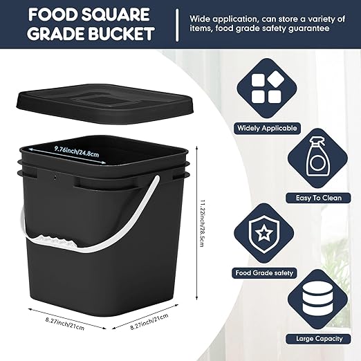 Mumufy 10 Pcs 3.5 Gallon Square Food Grade Bucket with Lid Plastic Pail with Handle and Lid Square Buckets for Storing Dry Food Charcoal Camping Fishing(Black)